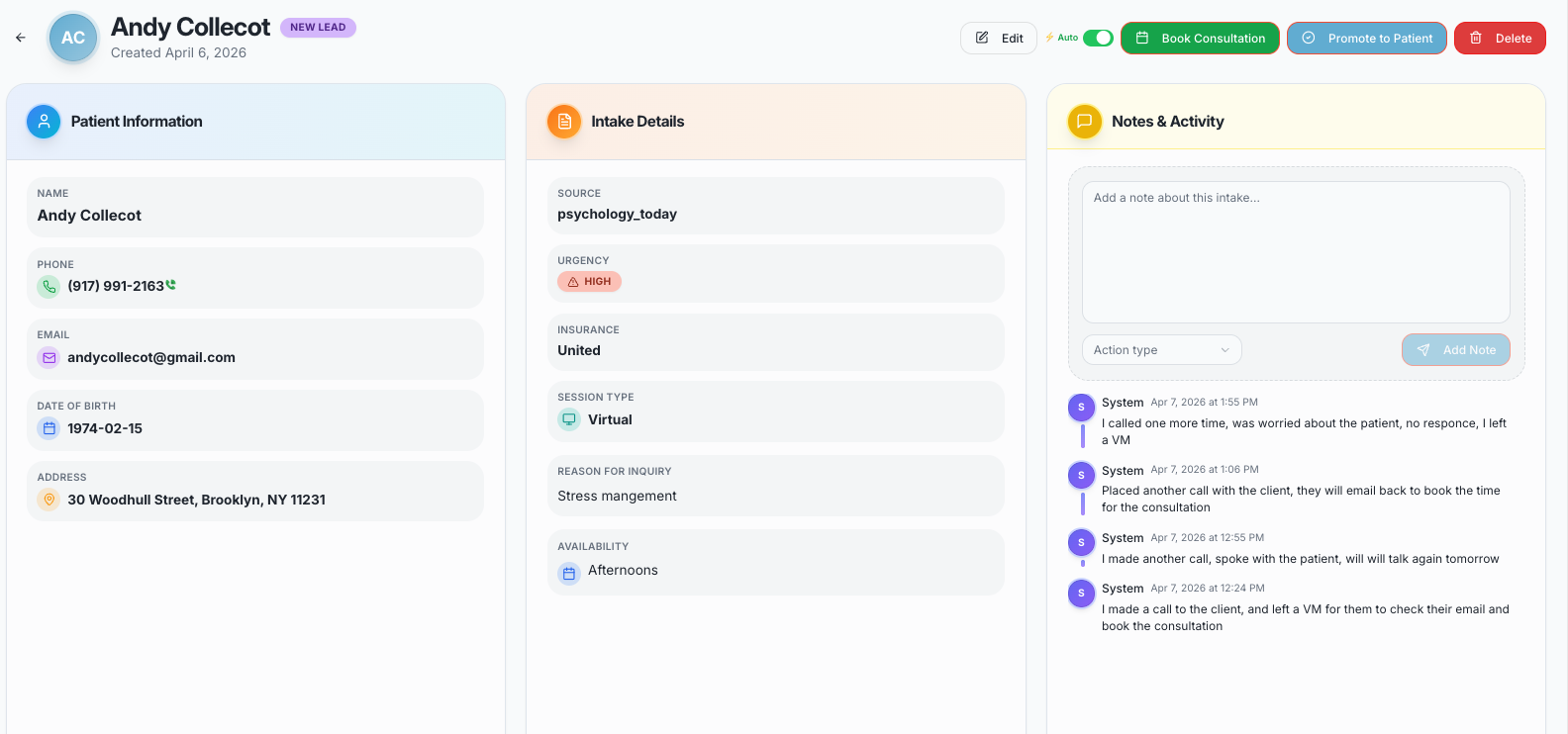 Patient detail — info, onboarding context, and Rosie-logged notes