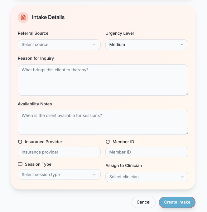 Onboarding details form — urgency, insurance, session type